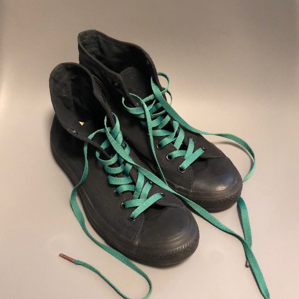 Black High Top Converse with Green Laces womens size 9.5 mens size 7.5
